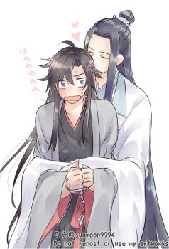 2boys black_hair black_hanfu blue_eyes blush bound bound_wrists chinese_clothes closed_eyes coat commentary_request couple cuffs grey_coat hair_down half_updo handcuffs hanfu heart height_difference hug hug_from_behind lan_wangji long_hair long_sleeves looking_at_another male_focus modao_zushi multiple_boys official_alternate_costume official_alternate_hairstyle open_clothes open_coat open_mouth robe sidelocks simple_background sunmoon9994 sweat topknot twitter_username very_long_hair wavy_mouth wei_wuxian wei_wuxian_(yiling_laozu) white_background white_hanfu wide_sleeves xiao_guan_(headdress) yaoi