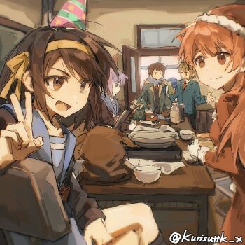 Rule 34 | 2boys, 3girls, :d, asahina mikuru, black pantyhose, black socks, blazer, blue jacket, blue sailor collar, blue skirt, bow, bowtie, brown cardigan, brown eyes, brown hair, cardigan, chair, classroom, coat, collared shirt, desk, expressionless, folding chair, frown, green coat, hairband, hat, highres, holding, holding unworn clothes, holding unworn hat, hot plate, indoors, jacket, kneehighs, koizumi itsuki, kyon, long sleeves, looking at another, looking down, multiple boys, multiple girls, nagato yuki, necktie, open mouth, pantyhose, party hat, purple hair, red bow, red bowtie, red necktie, sailor collar, santa costume, santa hat, scarf, school desk, shirt, shrugging, skirt, smile, socks, staring, suzumiya haruhi, suzumiya haruhi no yuuutsu, sweater, tatsuki kurisu, unworn hat, unworn headwear, v, v-neck, white shirt, winter clothes, yellow hairband