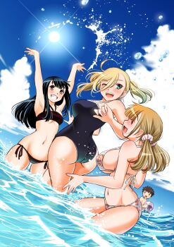 Rule 34 | 1boy, 3girls, ;d, aqua eyes, arms up, ass, ball, beachball, bikini, black hair, blonde hair, blue sky, breasts, brown eyes, brown hair, closed eyes, commentary request, grin, hair ornament, hair scrunchie, highres, holding, holding ball, holding beachball, kuzuryuu hanako, large breasts, long hair, multiple girls, navel, ocean, one eye closed, open mouth, pink scrunchie, saotome hodaka, school swimsuit, scrunchie, side-tie bikini bottom, sky, small breasts, smile, sogabe toshinori, sun, swimsuit, takae kasumi, teeth, twintails, upper teeth only, ushigome yuna, wading, water, white bikini, yankee jk kuzuhana-chan