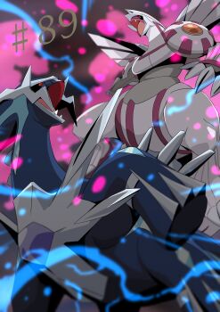 black_sclera claws colored_sclera commentary_request dialga energy fangs gen_4_pokemon highres legendary_pokemon nintendo no_humans open_mouth palkia pokemon pokemon_(creature) red_eyes spikes tongue yusuke_oshida