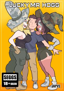 1boy 2girls armpit_cutout armpit_peek artist_name bandage_over_one_eye bandaged_arm bandages blonde_hair blue_eyes blue_shirt boots breasts brown_hair camouflage caressing_cheek clothing_cutout english_text gloves grin half-closed_eyes hand_on_another&#039;s_cheek hand_on_another&#039;s_face hat highres japvs large_breasts long_hair meme multiple_girls open_mouth original ponytail pulling_arm seggs_(meme) shirt short_hair short_shorts shorts sideboob smile socks tan tanline uncomfortable undershirt white_footwear white_socks witch_hat woodland_camouflage yellow_background