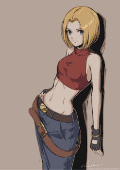 1girl absurdres belt blonde_hair blue_eyes blue_mary blue_pants breasts brown_background closed_mouth commentary_request crop_top denim expressionless fingerless_gloves gloves hand_on_own_hip highres jeans looking_at_viewer midriff pants red_shirt shadow shirt simple_background sleeveless sleeveless_turtleneck small_breasts solo stomach the_king_of_fighters turtleneck tyanoki