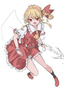 Rule 34 | 1girl, absurdres, ascot, black socks, blonde hair, commentary, fang, flandre scarlet, frilled skirt, frilled wrist cuffs, frills, full body, highres, holding, holding polearm, holding weapon, looking at viewer, mister eru, open mouth, polearm, puffy short sleeves, puffy sleeves, red eyes, red shoes, red skirt, shoes, short sleeves, side ponytail, simple background, skin fang, skirt, slit pupils, socks, solo, touhou, unfinished, weapon, white background, wrist cuffs, yellow ascot