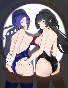 2girls absurdres alternate_costume animal_ears arms_behind_back ass back backless_outfit bare_arms bare_back bare_legs bare_shoulders black_hair blue_eyes blue_hair blue_leotard blue_thighhighs bound bound_wrists breasts breasts_squeezed_together choker commentary_request facing_back from_behind hair_between_eyes hair_ornament hand_on_another's_ass harisen_w highres holding jane_doe_(zenless_zone_zero) large_breasts leotard long_hair looking_at_viewer looking_back missing_tail mouse_ears mouse_girl multiple_girls parted_lips promeia_(zenless_zone_zero) purple_eyes red_leotard red_nails shadow sideboob simple_background sleeveless smile spotlight standing thighhighs thighs turning_head white_background white_wrist_cuffs wrist_cuffs zenless_zone_zero