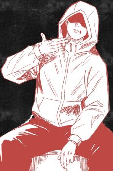 1boy commentary_request hand_up highres hood hooded_jacket itadori_yuuji jacket jujutsu_kaisen jujutsu_kaisen_modulo male_focus mskitar pointing pointing_at_self shaded_face sitting sketch solo
