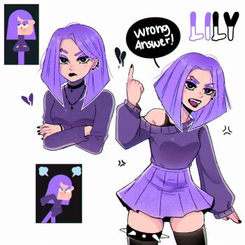 duolingo eyeshadow frabyarts goth_fashion hair_over_one_eye highres lily_(duolingo) long_sleeves makeup medium_hair purple_eyeshadow purple_hair purple_sweater screencap shirt simple_background skirt sweater tongue tongue_out