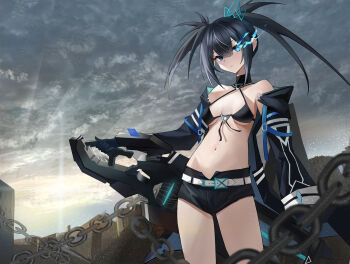 1girl absurdres bikini bikini_top_only black_bikini black_hair black_jacket black_rock_shooter black_rock_shooter_(character) black_shorts blue_eyes breasts breasts_apart chain closed_mouth cloud cloudy_sky commentary_request cowboy_shot flaming_eye grey_sky hai_binggan highres holding holding_weapon jacket long_hair looking_at_viewer medium_breasts navel open_clothes open_jacket outdoors short_shorts shorts sky solo sun swimsuit twintails weapon