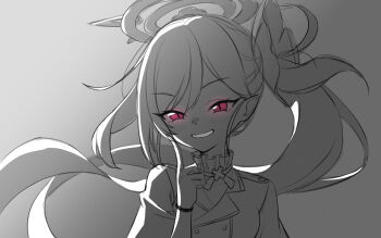 1girl black_shirt blush bracelet child_(isoliya) commentary evil_smile floating_hair flower flower_hairpin glowing glowing_eyes grey_background greyscale hair_between_eyes hair_flower hair_ornament halo hand_on_own_cheek hand_on_own_face highres jewelry long_hair monochrome mutsuki_(blue_archive) open_mouth pointy_ears purple_eyes red_eyes red_halo red_skirt shirt short_sleeves side_ponytail simple_background skirt smile smug solo swept_bangs symbol-only_commentary very_long_hair