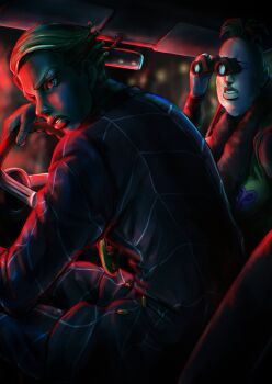 2boys absurdres binoculars black_jacket black_pants blonde_hair car_interior clenched_teeth commentary_request formal_clothes green_hair highres jacket jewelry jojo_no_kimyou_na_bouken kaib0y long_sleeves magatama magatama_necklace male_focus multiple_boys necklace pants pesci prosciutto_(jojo) short_hair sitting suit teeth vento_aureo wristband