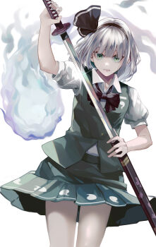 1girl absurdres black_neckwear collared_shirt expressionless green_eyes green_skirt green_vest hair_between_eyes hairband highres hitodama hitodama_print holding holding_weapon honwakaniwatori katana konpaku_youmu konpaku_youmu_(ghost) lips looking_at_viewer rainbow_gradient sheath shine shirt short_hair short_sleeves silver_hair simple_background skirt solo sword thighs touhou vest weapon white_background white_shirt