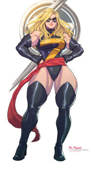 1girl artist_name black_gloves black_leotard blonde_hair blue_eyes boots breasts carol_danvers character_name commentary commission elbow_gloves english_commentary full_body gloves hands_on_own_hips highres large_breasts leotard long_hair looking_at_viewer marvel ms._marvel ms._marvel_(series) muscular muscular_female rejean_dubois solo superhero_costume thigh_boots watermark web_address