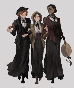 Rule 34 | 3girls, black boots, black hair, black hat, black jacket, black necktie, black ribbon, black skirt, black vest, blue eyes, boots, brown boots, brown corset, brown eyes, brown hair, brown hat, character request, closed mouth, collared shirt, corset, dark-skinned female, dark skin, full body, gynger edventray (hiiragimare), hair bun, hat, highres, hiiragimare, hogwarts legacy, holding, holding another's arm, holding unworn clothes, holding unworn hat, jacket, long hair, long skirt, looking at another, multiple girls, neck ribbon, necktie, open mouth, original, ponytail, poppy sweeting, porkpie hat, red hair, red jacket, ribbon, shirt, short hair, simple background, skirt, smile, unworn hat, unworn headwear, vest, white background, white shirt, wizarding world, yellow hat, yellow jacket