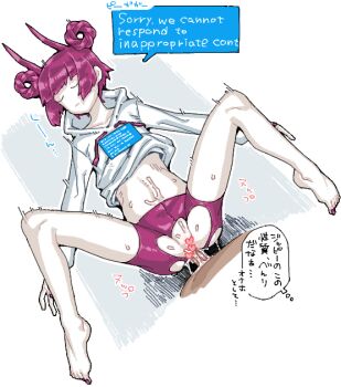 Rule 34 | 1boy, 1girl, barefoot, blunt bangs, blush, censored, chatgpt-tan, closed eyes, closed mouth, colored skin, cum, cum in pussy, english text, full body, heart, heart censor, hetero, hood, hood down, hoodie, man (man-room), missionary, original, penis, purple hair, purple shorts, sex, short hair, shorts, solo focus, torn clothes, torn shorts, translation request, vaginal, white hoodie, white skin