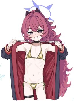 1girl bikini black_choker black_jacket blue_archive blue_halo blush bright_pupils choker coat collarbone cowboy_shot curly_hair flat_chest gold_bikini grey_eyes grin hair_between_eyes hair_ribbon halo iroha_(blue_archive) jacket loli long_hair long_sleeves looking_at_viewer micro_bikini narrow_hips navel open_clothes open_jacket ponytail red_hair ribbon samesann side-tie_bikini_bottom simple_background skinny smile solo string_bikini swimsuit teeth thigh_strap very_long_hair white_background