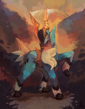 absurdres cobalion commentary_request full_body gen_5_pokemon highres horns leg_up legendary_pokemon nintendo no_humans open_mouth outdoors pokemon pokemon_(creature) pokemon_focus salanchu solo standing twilight white_fur yellow_eyes