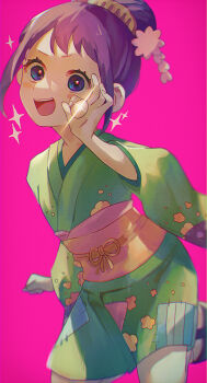 1girl absurdres child hair_bun hair_ornament hand_up highres japanese_clothes kimono long_hair looking_at_viewer machida_0906 one_piece open_mouth patchwork_clothes pink_background purple_hair solo sparkle kurozumi_tama