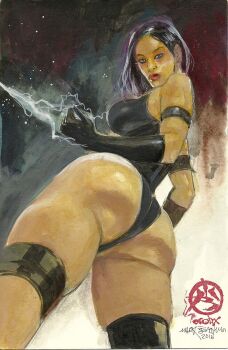 1girl 2016 artist_request ass ass_focus black_leotard breasts butt_crack curvy dated energy_sword expressionless highleg highleg_leotard highres holding holding_weapon huge_ass large_breasts legs_apart leotard lips long_hair looking_at_viewer looking_back low_angle marvel painting_(medium) psychic psylocke purple_eyes purple_hair shiny_skin skindentation solo standing sword thong_leotard traditional_media weapon wide_hips x-men