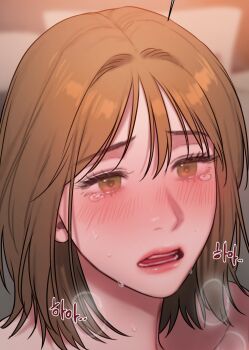 Rule 34 | 1girl, bad thinking diary, bare shoulders, blush, brown eyes, brown hair, crying, highres, kim minji (bad thinking diary), parted lips, rangrarii, red lips, short hair, tears