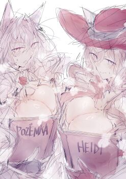 animal_ears arknights boobs_in_book_(meme) breasts cat_ears cleavage hat heidi_(arknights) highres large_breasts meme pink_eyes pink_hair pozyomka_(arknights) re_teledio red_hat sketch wolf_ears wolf_girl
