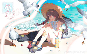 1girl absurdres bare_arms bare_legs bare_shoulders beach bikini bird black_hair blue_archive braid crocs hat highres leaf leaf_on_head long_hair looking_at_viewer miyu_(blue_archive) miyu_(swimsuit)_(blue_archive) ocean official_alternate_costume official_alternate_hairstyle open_mouth red_eyes ryuuforkaf sitting solo straw_hat sun_hat swimsuit twin_braids watermark weibo_watermark white_bikini