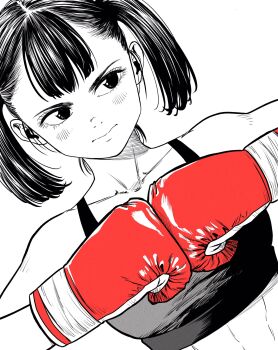 1girl abs boxing_gloves breasts collarbone commentary_request dutch_angle gloves greyscale highres lee_(dragon_garou) light_blush medium_breasts monochrome original red_gloves solo sports_bra spot_color toned toned_female twintails upper_body
