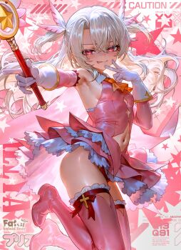 Rule 34 | 1girl, absurdres, armpits, blush, boots, breasts, cape, clothing cutout, commentary, dress, fate/kaleid liner prisma illya, fate (series), feathers, gloves, grey hair, highres, holding, holding wand, illyasviel von einzbern, kaleidostick, layered gloves, long hair, magical girl, medium breasts, navel, navel cutout, nekoya (nekodayo 22), pink background, pink boots, pink cape, pink dress, pink feathers, pink sleeves, prisma illya, red eyes, sideboob, sleeveless, sleeveless dress, smile, solo, thigh boots, thighs, tongue, tongue out, untranslatable commentary, v, wand, white gloves