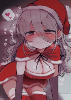 1girl aozora_kyoka blush braid breasts commentary_request elbow_gloves full-face_blush fur_trim gloves grey_eyes grey_hair hair_between_eyes hat heart highres large_breasts long_hair original red_thighhighs ringed_eyes santa_costume santa_hat shrug_(clothing) single_braid sweat thighhighs yasashii_naizou