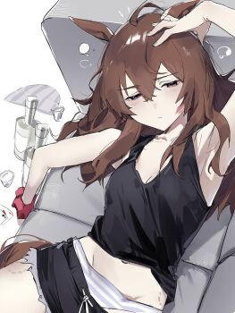 1girl ahoge arm_up armpits bite_mark bite_mark_on_thigh black_shirt black_shorts bottle breasts brown_hair card closed_mouth clothes_pull commentary_request couch double-parted_bangs from_above furrowed_brow groin gym_shorts hair_between_eyes half-closed_eyes hand_on_own_head hat highres jenshenya light_blush lipstick_mark lipstick_mark_on_face long_hair lying midriff_peek nakayama_festa_(umamusume) navel on_back on_couch panties pink_eyes playing_card red_scrunchie scrunchie shirt short_shorts shorts shorts_pull sleeping sleeveless sleeveless_shirt small_breasts solo striped_clothes striped_panties umamusume underwear unworn_clothes unworn_hat unworn_headwear wrist_scrunchie