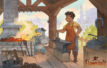 1girl anvil apron black_horns blacksmith blue_pants blue_scales blue_sky breath_weapon breathing_fire brown_hair building city cloud coal commentary cooking_pot copyright_name crate dark-skinned_female dark_skin dragon embers english_commentary fangs fire foliage furnace hammer hand_on_own_hip headband holding holding_cooking_pot holding_hammer horns horseshoe looking_at_another mini_wings orange_apron original pants profile red_headband sandara shirt short_hair shovel sky sleeves_rolled_up small_dragon smile smoke tools tower wings wooden_floor yellow_shirt