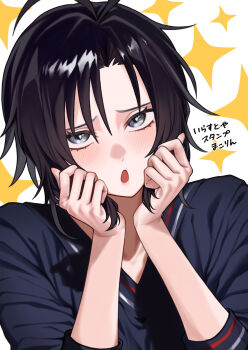 antenna_hair black_hair blue_shirt diamond_(shape) grey_eyes highres idolmaster idolmaster_(classic) kikuchi_makoto light_blush long_sleeves looking_at_viewer parted_bangs powerful_sangyou_haikibutsu shirt sidelocks v-neck white_background