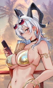 Rule 34 | 1girl, alternate costume, armlet, bare shoulders, bikini, black choker, black eyes, black horns, blush, breasts, cellphone, choker, cleavage, closed mouth, commentary, curled horns, drinking, drinking straw, drinking straw in mouth, evening, eyewear on head, fingernails, foxyreine, from side, gold bikini, grey hair, hair between eyes, halterneck, highres, holding, holding phone, horns, jewelry, large breasts, long fingernails, long hair, looking at viewer, multicolored eyes, multicolored hair, nail polish, navel, orange sky, outdoors, phone, red-tinted eyewear, red eyes, red nails, signature, sky, smartphone, smile, solo, stomach, streaked hair, string bikini, sunglasses, sweat, swimsuit, tan, tinted eyewear, two-tone eyes, wuthering waves, zani (wuthering waves)