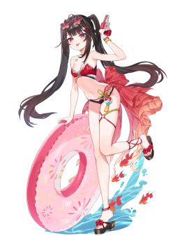Rule 34 | 1girl, :3, absurdres, ahoge, alternate costume, animal, arm up, armpits, bare arms, bare shoulders, bikini, black bikini, black hair, black sandals, breasts, chest tattoo, cleavage, collarbone, commentary request, eyewear on head, facial mark, fish, flower-shaped eyewear, goldfish, gun, hair ornament, hairclip, handgun, highres, holding, holding gun, holding weapon, honkai: star rail, honkai (series), innertube, leg up, long hair, long legs, looking at viewer, mismatched bikini, navel, platform sandals, red bikini, red eyes, revolver, sandals, simple background, small breasts, smile, solo, sparkle (honkai: star rail), standing, standing on one leg, stomach, sunglasses, swim ring, swimsuit, tattoo, thighs, tongue, tongue out, twintails, very long hair, water, water gun, weapon, white background, wristband, yu-ri (arium047)
