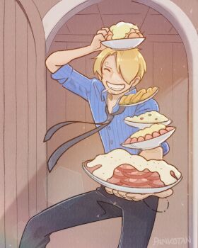 1boy ^_^ absurdres artist_name black_pants blonde_hair blue_shirt cigarette closed_eyes commentary curly_eyebrows english_commentary facial_hair goatee hair_over_one_eye highres holding holding_plate male_focus necktie one_piece pank0tan pants plate plate_on_head sanji_(one_piece) shirt smile solo striped_clothes striped_shirt vertical-striped_clothes vertical-striped_shirt