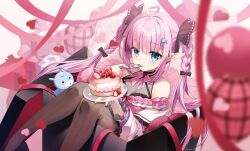 Rule 34 | 1girl, absurdres, ahoge, bare shoulders, black bow, black footwear, black leotard, black thighhighs, blue eyes, blunt bangs, bow, box, braid, breasts, brooch, butterfly wings, cake, cropped legs, dress, earrings, eating, food, frilled dress, frilled thighhighs, frills, fruit, gift, gift box, hair bow, hair ornament, hairpin, heart, heart ahoge, heart brooch, heart earrings, highres, holding, holding plate, insect wings, jewelry, kokoromo memory, leotard, multicolored hair, phase connect, pink bow, pink dress, pink hair, pink ribbon, plate, pointy ears, purple hair, ribbon, see-through, see-through thighhighs, sidelocks, small breasts, strawberry, streaked hair, suimya, thighhighs, twin braids, two-tone hair, virtual youtuber, wings