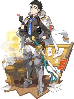 1boy 1girl aqua_ribbon armband armor armored_boots artist_request belt black_gloves black_hair blue_neckwear boots brown_eyes brown_shirt candy closed_mouth coat coat_on_shoulders collared_shirt corkboard cup door drink faceless faceless_female facial_hair food forehead full_body fur-trimmed_coat fur_collar fur_trim gloves grey_footwear half-closed_eyes hand_on_own_hip highres holding holding_candy holding_food holding_lollipop indoors inkwell katana knee_boots knee_pads lollipop long_sleeves looking_to_the_side male_focus mug necktie non-web_source official_art pants paper paper_stack partially_fingerless_gloves pouch quill ribbon sheath sheathed shirt short_hair shoulder_armor sign solo_focus standing steam stool striped_ribbon stubble sword transparent_background weapon white_coat white_pants world_flipper zekhel_(world_flipper)