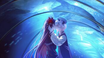 2girls aquarium backlighting beret black_capelet black_hair black_hat black_shirt black_skirt blue_background capelet closed_eyes crown floria_i7 flower from_side hair_flower hair_ornament hand_on_another&#039;s_cheek hand_on_another&#039;s_face hat highres kiss long_hair long_sleeves mahou_shoujo_no_majo_saiban multiple_girls nikaido_hiro photo_background pink_hair red_flower sakuraba_ema shirt short_hair skirt standing white_hair x_hair_ornament yuri