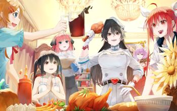 6+girls :d ahoge alternate_costume aura_(sousou_no_frieren) bambietta_basterbine bare_shoulders belt black_belt black_hair black_ribbon black_skirt bleach bleach:_sennen_kessen-hen blonde_hair blue_eyes blue_mittens blue_shirt blunt_bangs blush bookshelf bow bowl bread breasts brown_eyes brown_hair buckle butterfly_hair_ornament buttons candy cola commentary cowboy_shot crossover cup curtains date_a_live deadman70232800 demon_girl demon_horns double-breasted dress drinking_glass english_commentary fang flower food food_in_mouth frilled_dress frilled_sleeves frills gloves go-toubun_no_hanayome green_eyes grin hair_between_eyes hair_bow hair_ornament hair_ribbon hairclip hand_on_own_hip hand_up hat heart heart-shaped_buckle highres holding holding_bowl holding_cup holding_food holding_instrument holding_violin horns indoors instrument itsuka_kotori k-on! kousaka_kirino large_breasts lollipop lollipop_in_mouth long_hair long_sleeves looking_at_another looking_at_viewer meat medium_hair military_hat military_uniform mittens multiple_crossover multiple_girls nakano_azusa nakano_nino open_mouth ore_no_imouto_ga_konna_ni_kawaii_wake_ga_nai own_hands_clasped own_hands_together parallel_hairclips party peaked_cap pink_hair playing_violin pleated_skirt profile red_dress red_eyes red_hair ribbon shirt shrimp shrimp_tempura sidelocks sitting skin_fang skirt sleeveless sleeveless_dress sleeves_rolled_up smile sousou_no_frieren standing steam taketatsu_ayana teeth tempura thanksgiving tsurime turkey_(food) twintails two_side_up upper_body upper_teeth_only v-shaped_eyebrows very_long_hair violin voice_actor_connection white_bow white_dress white_flower white_gloves white_hat white_shirt white_skirt