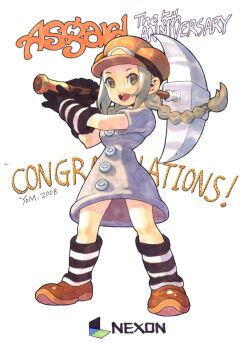 1girl 2008 anniversary artist_request asgard black_gloves black_mouth black_socks braid brown_eyes brown_hair brown_hat brown_shoes buttons company_name congratulations copyright_name dated dress full_body gloves grey_dress grey_sleeves hair_ornament hat holding holding_pickaxe legs_apart long_hair low-braided_long_hair low-tied_long_hair low_twin_braids low_twintails medium_request milestone_celebration miner mining_helmet nexon official_art open_mouth pickaxe second-party_source shoes short_dress sidelocks simple_background socks solo standing striped_clothes striped_gloves striped_socks tongue traditional_media twin_braids twintails white_background white_gloves white_socks x_hair_ornament