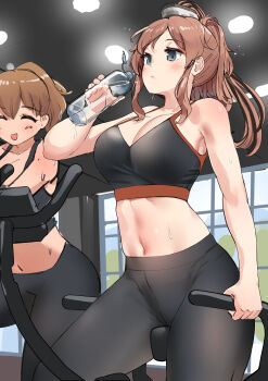 2girls absurdres alternate_costume black_pants black_sports_bra bottle breasts brown_hair exercise_bike exercising highres intrepid_(kancolle) kantai_collection large_breasts midriff multiple_girls navel osananajimi_neko pants ponytail saratoga_(kancolle) sports_bra stomach water_bottle yoga_pants