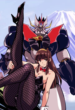 1girl alternate_costume animal_ear_hairband animal_ears armor bare_shoulders black_armor black_leotard blunt_bangs bow bowtie breasts brown_eyes brown_hair cleavage detached_collar fake_animal_ears fishnet_pantyhose fishnets grey_armor hairband hand_on_own_leg highres horns kamisimo_90 knee_up leg_up leotard long_hair looking_at_viewer mazinger_(series) mazinkaiser mazinkaiser_(robot) mount_fuji mountain multicolored_armor pantyhose playboy_bunny rabbit_ear_hairband rabbit_ears red_bow smile strapless strapless_leotard traditional_bowtie white_wrist_cuffs wrist_cuffs yumi_sayaka