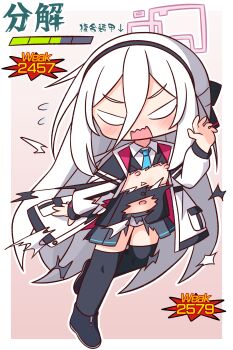 1girl absurdres black_hairband black_shoes black_skirt blank_eyes blue_archive blush border coat collared_shirt commentary_request double-parted_bangs flying_sweatdrops full_body gradient_background hair_between_eyes hairband halo hana_kazari hand_up health_bar highres kei_(blue_archive) kei_(new_body)_(blue_archive) loli long_hair long_hair_between_eyes long_sleeves navel nipples open_clothes open_coat open_mouth outline outside_border panties pink_background pink_halo pleated_skirt rectangular_halo shirt shoes skirt solo standing standing_on_one_leg thighhighs torn_clothes underwear v-shaped_eyes v-shhaped_eyebrows white_border white_coat white_hair white_outline white_panties white_shirt white_thighhighs