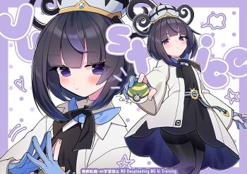 1girl artist_name belt belt_buckle black_dress black_hair black_pantyhose blue_gloves blunt_bangs blush bob_cut buckle closed_mouth coat dress gloves gradient_hair gwynn_(pokemon) hat holding holding_poke_ball long_sleeves looking_at_viewer multicolored_hair multiple_views nest_ball nintendo o-ring o-ring_belt open_clothes open_coat pantyhose partially_fingerless_gloves poke_ball pokemon pokemon_legends:_z-a puff_of_air purple_eyes purple_hair short_hair simple_background star_(symbol) steepled_fingers white_coat zest_(lossol)