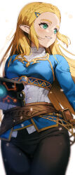 Rule 34 | 1girl, absurdres, belt pouch, black pants, blonde hair, blue shirt, braid, breasts, chyko, cowboy shot, crown braid, green eyes, highres, long hair, long sleeves, looking to the side, medium breasts, nintendo, pants, parted lips, pointy ears, pouch, princess zelda, sheikah slate, shirt, sidelocks, smile, solo, the legend of zelda, the legend of zelda: breath of the wild, white background
