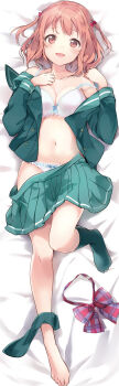 029 1girl absurdres barefoot blush bow bra breasts brown_eyes brown_hair cleavage clothes_pull dakimakura_(medium) embarrassed full_body green_serafuku green_skirt green_socks hataraku_maou-sama! highres large_breasts looking_at_viewer lying miniskirt official_art on_back on_bed open_clothes open_mouth open_shirt panties plaid_bow pleated_skirt sasaki_chiho school_uniform serafuku short_hair skirt skirt_pull smile socks solo tareme two_side_up underwear white_bra white_panties