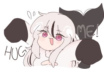 1girl :d arms_up artist_self-insert black_hair blush blush_stickers breasts cetacean_tail chonkyorca cleavage_cutout clothing_cutout commentary english_commentary english_text fins fish_tail grey_hair hair_between_eyes heart_cutout highres long_hair long_sleeves medium_breasts multicolored_hair nose_blush open_mouth orca_(chonkyorca) original puffy_long_sleeves puffy_sleeves purple_eyes shirt simple_background sleeves_past_fingers sleeves_past_wrists smile solo streaked_hair tail upper_body white_background white_shirt