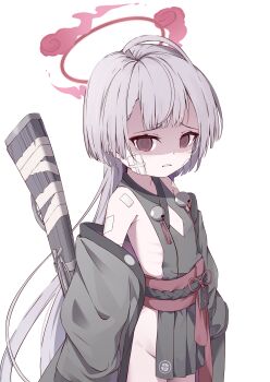 1girl absurdres bandaged_arm bandaged_leg bandages bell blue_archive breasts gauze gauze_on_cheek grey_hair groin gun halo highres holding holding_gun holding_weapon jingle_bell kyouwashi long_hair no_panties obi purple_eyes purple_halo ribs sash shuro_(blue_archive) sideless_kimono simple_background small_breasts solo standing very_long_hair weapon white_background