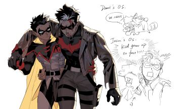 3000zialg bat_signal batman_(series) batman_symbol bodysuit damian_wayne dc_comics grey_bodysuit highres jacket jason_todd long_sleeves male_focus multicolored_bodysuit multicolored_hair pants red_hood_(dc) red_hood_and_the_outlaws robin_(dc) short_hair simple_background streaked_hair taut_bodysuit two-tone_bodysuit white_background