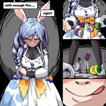 1girl animal_ears blue_hair blush bottle bow braid braided_ponytail comic commentary detached_sleeves dress english_text fertility_drug hashtag-only_commentary highres holding holding_bottle hololive long_hair looking_at_viewer mature_female meme mister_mangaker multicolored_hair naughty_face orange_bow pantyhose pekomama pill_bottle rabbit_ears red_eyes single_braid smile solo standing streaked_hair virtual_youtuber waist_bow white_dress with_enough_power_you_can_refire_even_a_dying_star_(meme) you_gonna_get_raped