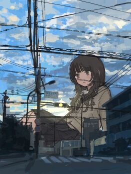 1girl 62_retas black_eyes black_hair blue_sky cloud day giant highres long_hair looking_at_viewer mask original outdoors power_lines sky solo utility_pole