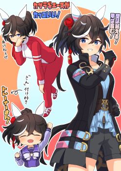 1girl absurdres belt black_gloves black_hair black_shorts blue_eyes blue_shirt bow commentary_request ear_covers full_body gloves gradient_background grin hair_between_eyes hair_ornament highres horse_girl jacket katsuragi_ace_(dragon_rising_to_the_top)_(umamusume) katsuragi_ace_(umamusume) long_hair looking_at_viewer multicolored_gloves multicolored_hair multiple_views omochimaki pants pointing pointing_at_self pointing_with_thumb ponytail purple_bow purple_shirt red_gloves red_jacket red_pants sailor_collar school_uniform shirt shoes shorts smile sneakers standing streaked_hair tassel tassel_hair_ornament thumbs_up tracen_school_uniform tracen_training_uniform track_jacket track_pants two-tone_gloves umamusume white_hair winter_uniform